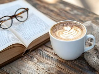 Cozy Intellectual Coffee Break with Book and Reading Glasses