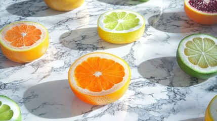 Various fruits sliced open to showcase their colorful interiors, styled on a marble countertop