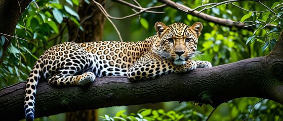 Naklejka premium Majestic leopard resting on tree branch in lush greenery