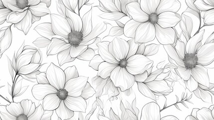 Fototapeta premium Delicate black and white floral pattern featuring elegant flowers and intricate leaves.