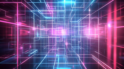 Obraz premium Abstract digital tunnel with glowing pink and blue lines..