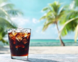 Cold Brew Coffee with Ice Cubes on Beachside Table with Palm Trees in Background