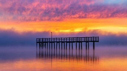 Serene Pier at Sunrise with Colorful Sky Reflection