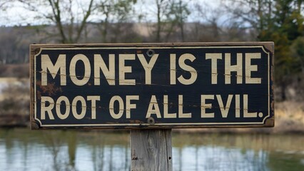 Obraz premium A weathered sign with white text on a black background reads Money Is The Root Of All Evil.