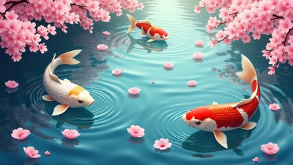 A serene koi fish tai pattern in Japanese art style, surrounded by floating cherry blossom petals on a still pond