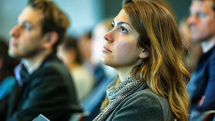 Professional woman listens attentively at a conference, surrounded by a diverse audience engaged in business discussions