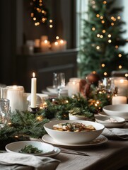 The festive dining table is beautifully arranged with seasonal dishes, candles, and garlands, ready for a joyful Christmas gathering. Generative AI
