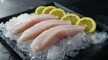 Fresh Fish Fillets with Lemon Slices on Ice