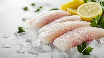 Fresh Fish Fillets with Lemon and Herbs on Ice