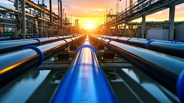 A bustling PE pipe plant with massive industrial polyethylene pipes featuring blue lines for gas and water, arranged neatly in rows, showcasing the scale of HDPE pipe production.