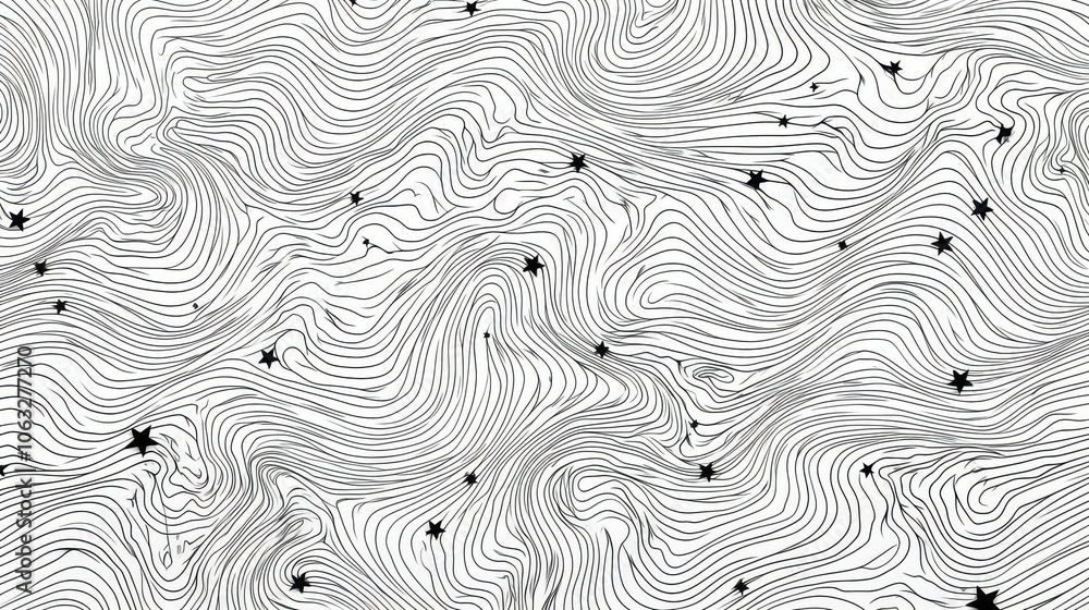 Poster abstract black and white illustration of flowing lines with scattered leaf shapes, creating a dynami
