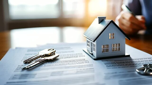 A close-up of a miniature house perched atop a real estate contract with keys nearby, representing the idea of property ownership and mortgage agreements.