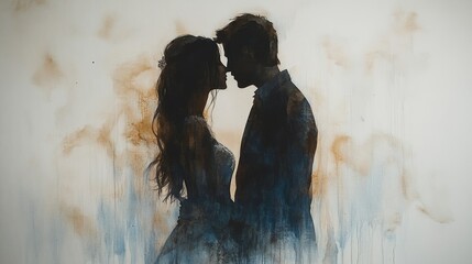 Silhouettes of a couple embracing against a background of soft muted watercolors and drips. .