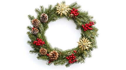 Christmas wreath decorated with pine cones, berries, and snowflakes