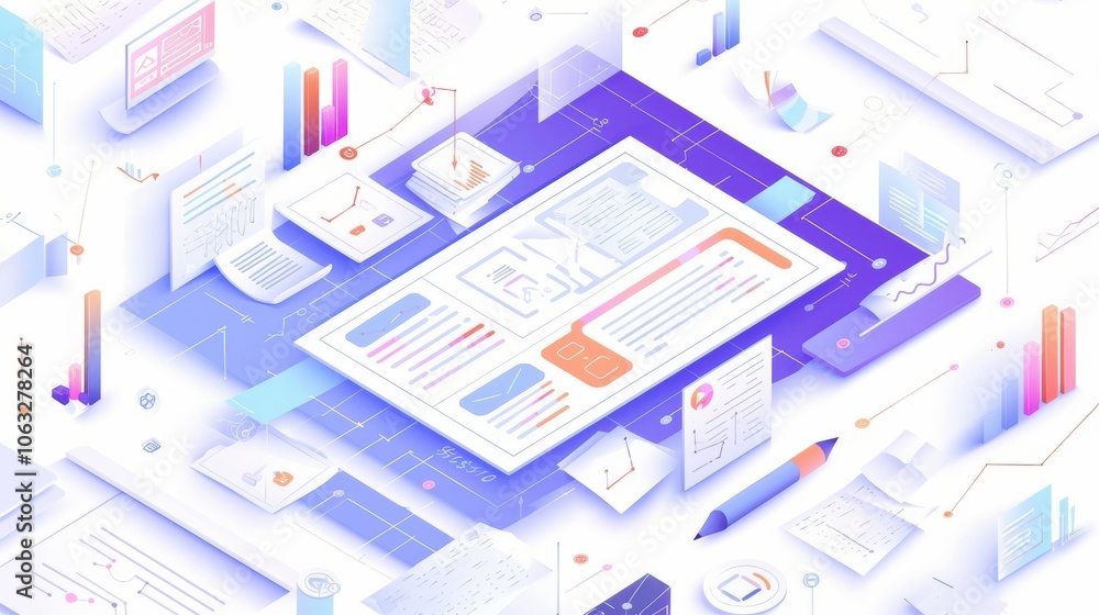 Poster abstract digital design featuring data analytics concepts with charts, graphs, and documents in vibr