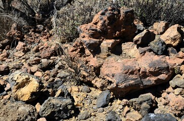 Scenic view of volcanic rock formations in desert during sunny day, Teide National Park, Tenerife