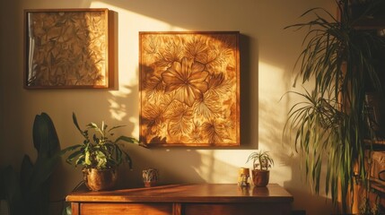 Beautiful finished pyrography artwork hanging on a wall, styled with complementary decor, home art