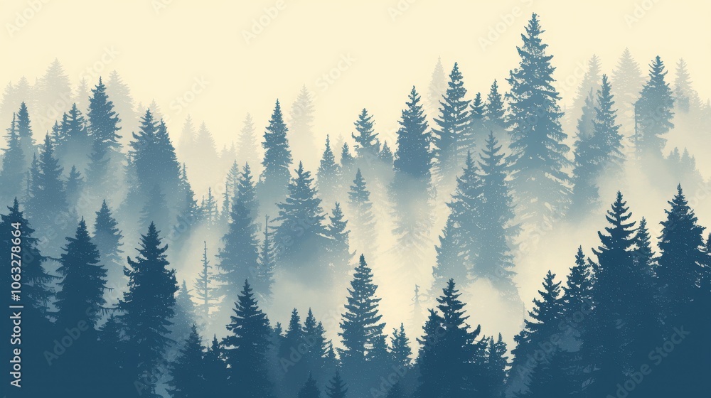 Poster misty forest landscape with layered evergreen trees creating a tranquil, mysterious atmosphere.