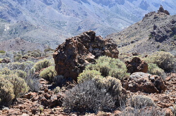 Scenic view of volcanic rock formations in desert during sunny day, Teide National Park, Tenerife