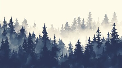 A serene watercolor depiction of a misty forest, showcasing tall conifer trees in varying shades of blue and gray.