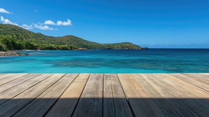 Fototapeta premium Serene Coastal Landscape with Wooden Deck View