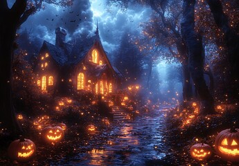 House Adorned with Festive Pumpkins