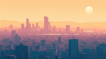 Fototapeta premium A breathtaking sunset over a city skyline, featuring tall buildings and a warm pastel color palette.