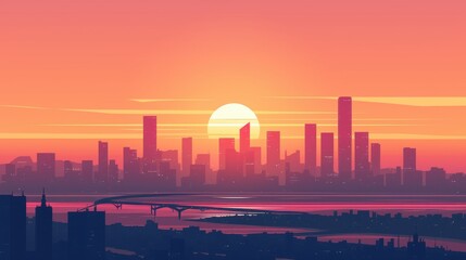 Silhouetted city skyline during a vibrant sunset, showcasing a blend of modern architecture and serene colors.
