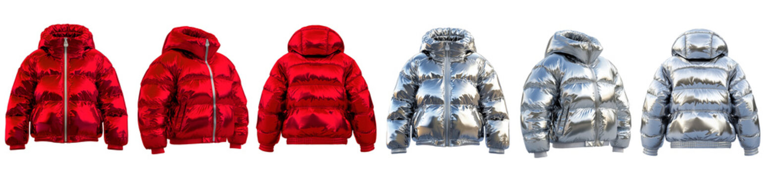 Set of Trendy vibrant  red  color down puffer  silver chrome colored winter down jacket hooded parka jacket, mockup, template, product presentation, on isolated transparent background, png