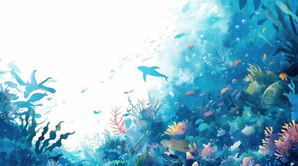 A vibrant underwater scene featuring colorful coral reefs and diverse marine life in shades of blue.