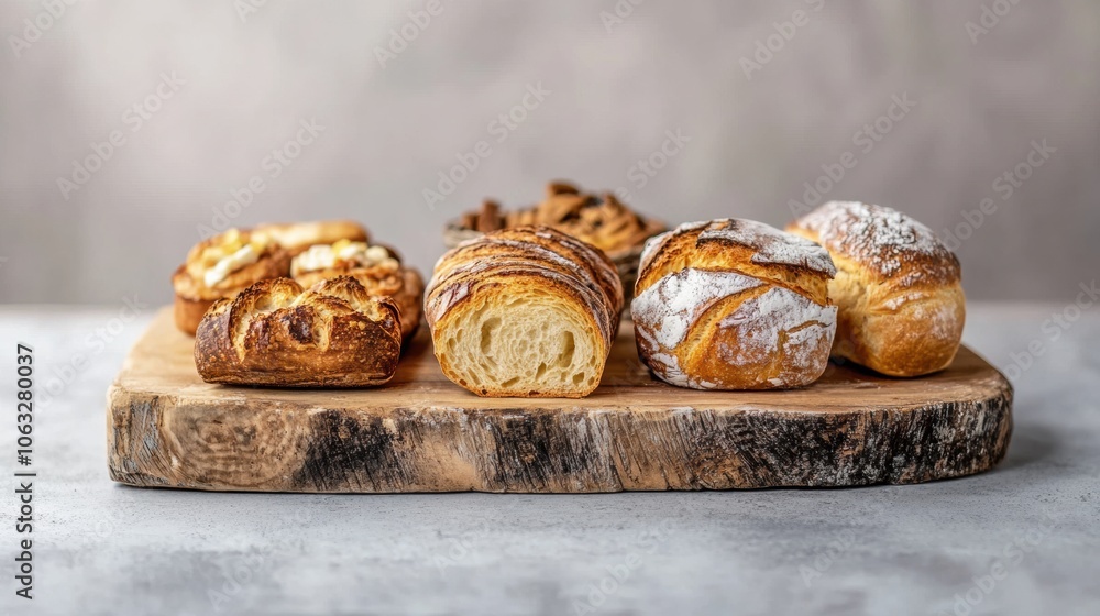 Poster An array of assorted artisan bread and flaky pastries is elegantly arranged on a rustic wooden board, tempting snack lovers. Generative AI
