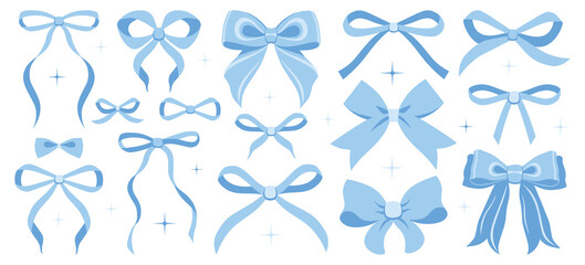 Blue bow illustration set. Simple hand drawn ribbon bow collection. Vector ribbons, silk bows for gifts, present knots, wrap pack. Bowknot for decoration, collection sillouette for celebration design 