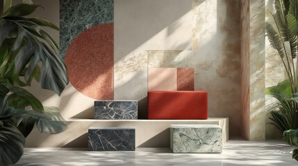 A modern interior featuring geometric shapes and natural materials in a serene setting.