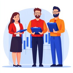 Three professionals discussing reports with a graph in the background.