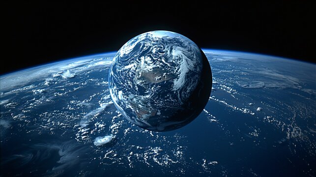 view of Earth from space with clouds and illuminated 