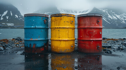 Obraz premium Colorful industrial barrels on a wet shoreline with mountains in the background.