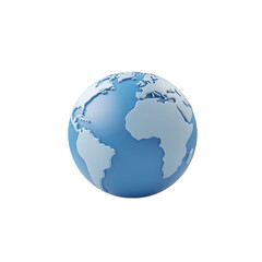 Blue 3D globe icon with continent details, floating over transparent background 