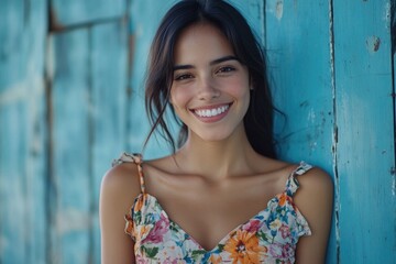 Fototapeta premium A beautiful young woman posing in front of a bright blue wall, perfect for editorial or commercial use