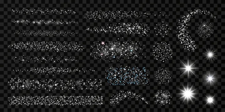 Silver glitter design set with light effect. Isolated strokes, dots, confetti, stars, sunlight, lines, particles on dark background. Abstract luxurious glowing elements for birthday, New Year designs.