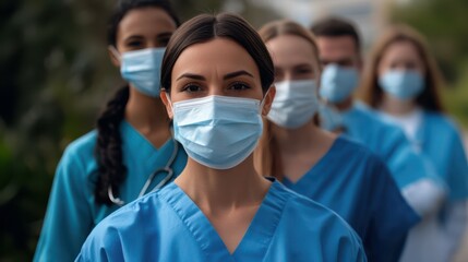 Group of focused medical professionals wearing protective surgical masks and scrubs, standing in a line outdoors. The image emphasizes teamwork, dedication, and the importance of healthcare