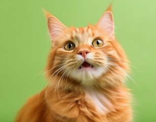 Creative concept photo of red orange cat on green background.