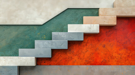 Staircase chart design crafted from stone in varying shades of gray, green, and red, showcasing an abstract representation of data over time