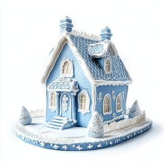blue and white gingerbread house on white background