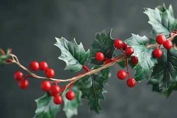 Obraz premium A close-up shot of a holly branch featuring bright red berries and lush green leaves