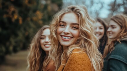 Obraz premium Photo of company friends women toothy smile good mood free time chill walk city park outdoors