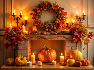 Obraz premium Stylish Autumn Fireplace Mantel Decor with Pumpkins, Wreath, Fall Leaves, Nuts, and Candles in a Modern Farmhouse Living Room Perfect for Thanksgiving and Halloween Celebrations