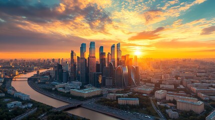 Fototapeta premium A panoramic view of the Moscow skyline at sunset.
