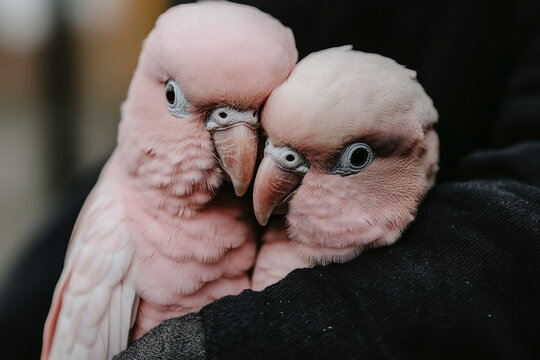 A close-up shot of two pink parrots cuddling each other, wrapped in a warm embrace, symbolizing affection and warmth, captured in a gentle, intimate setting.