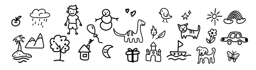 Creative preschool illustration of a black mountain, clouds, and a smiling boy holding a balloon, drawn in a lighthearted and funny style.