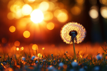 Macro Shot of a Dandelion Illuminated by Sunset in the Woods